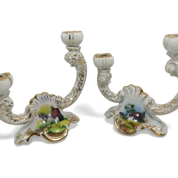 ALCOBACA Twin Arm Candle Holders PORTUGAL Set Country Scene Vintage 7.5" - Picture 6 of 11